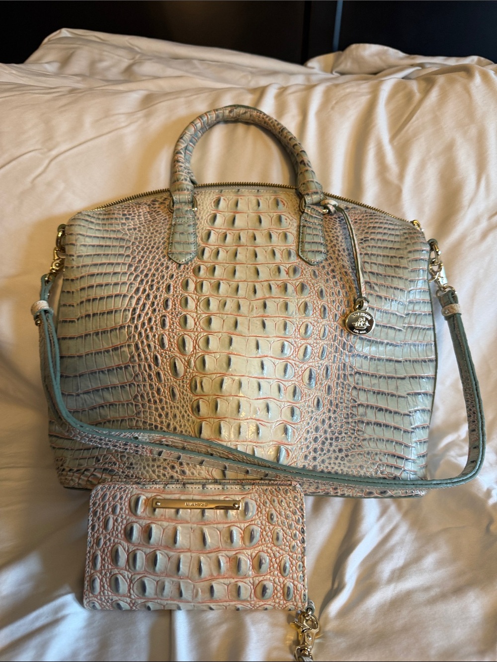 Brahmin Croc-Embossed Satchel in Ivory and Seafoam w/ Matching Wrist Wallet